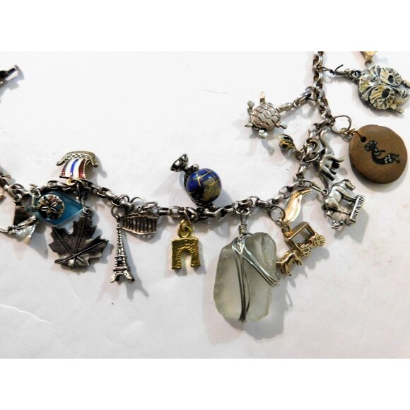 Vintage World Travel Charm Necklace 51 Unique Charms Sterling Silver Mixed Metal - Picture 13 of 15